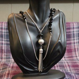 Silver-tone Black Faceted Glass Bead Tassel Long Necklace